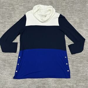 Chico's Zenergy Tunic Top Womens 1 Blue White Colorblock Cowl Neck Long Sleeve